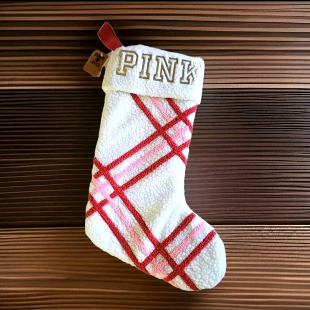 Victorias Secret Pink Sherpa Plaid Christmas Stocking Festive Decor Holiday Gift
